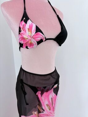 Black Bikini Set with Pink Floral Print